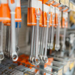 Rows of wrenches in hardware store closeup view Rows of wrenches in hardware store closeup view, nobody. Metal tools and equipment on the shelf in diy